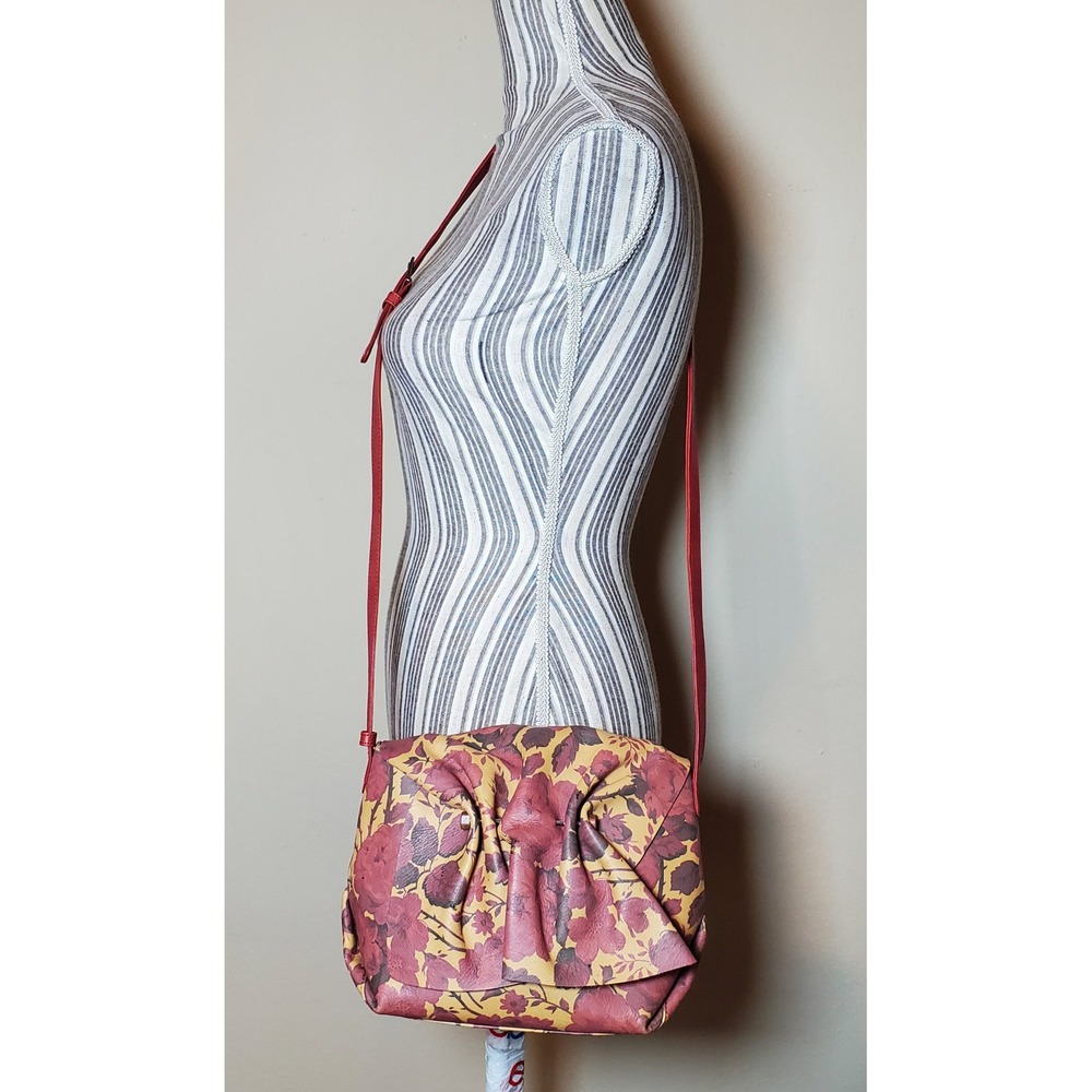 Schozon Floral Leather Crossbody Bag Pleated Flap Burgundy‎ Mustard with Pouch